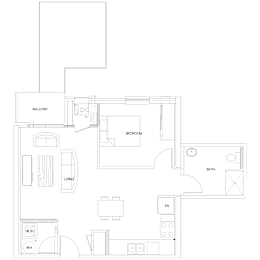 A floor plan of a house with a balcony, bedroom, bath, living room, and fireplace.