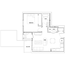 A floor plan of a house with a bedroom, bathroom, living room, and balcony.