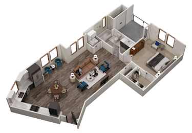 A 3D image of a house layout with a living room, dining room, kitchen, and two bedrooms.