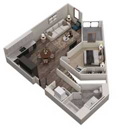 A 3D floor plan of a small apartment with a living room, kitchen, and bathroom.
