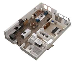 A top down view of a house interior with a kitchen, living room, dining room, and bedrooms.