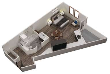 A 3D image of a modern living room with a kitchen area.
