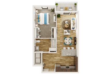 a furnished floor plan of a 1 bedroom apartment