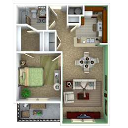A 3D floor plan of a small apartment with a bedroom, living room, kitchen, and bathroom.