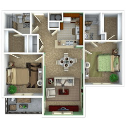 A 3D floor plan of a house showing a living room, kitchen, dining area, and bedrooms.