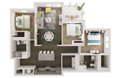 A 3D floor plan of a small apartment with a kitchen, living room, and bathroom.