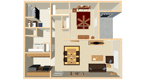 A drawing of a house interior with a kitchen, living room, and bathroom.