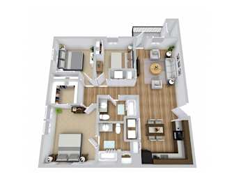 a 3d floor plan of a 3 bedroom apartment