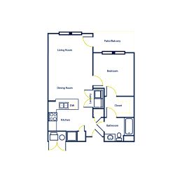 A floor plan of a house with a living room, dining room, kitchen, bedroom, bathroom, and closet.