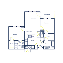 A floor plan of a house with a kitchen, living room, dining room, and two bedrooms.