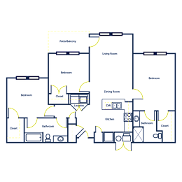 A floor plan of a house with two bedrooms, a living room, a dining room, a kitchen, a bathroom, and closets.