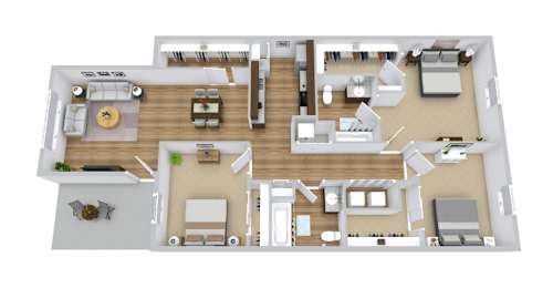 A floor plan of a house with a living room, dining room, kitchen, and two bedrooms.