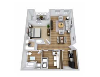 3d floor plan of a 1 bedroom apartment