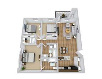 a 3d floor plan of a 3 bedroom apartment