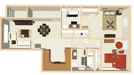 A floor plan of a house with a living room, kitchen, and bathroom.