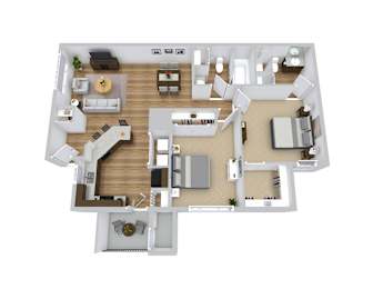 A 3D floor plan of a 2 bedroom apartment