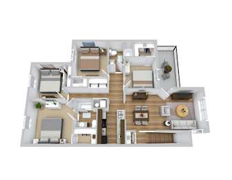 a 3d floor plan of a 4 bedroom apartment