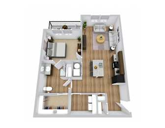 a 3d floor plan of a 1 bedroom apartment