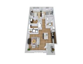 A 3D floor plan of a 2 bedroom apartment