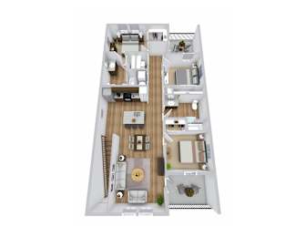 a 3d floor plan of a 3 bedroom apartment