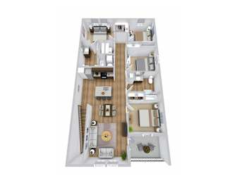 a 3d floor plan of a 4 bedroom apartment