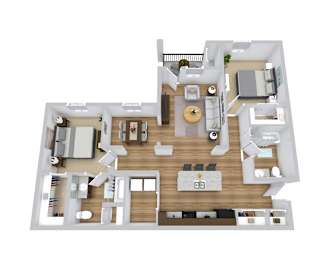 A 3D floor plan of a 2 bedroom apartment
