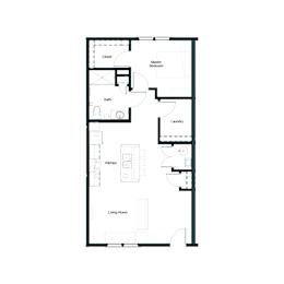 A floor plan of a house with a living room, kitchen, bath, laundry, and closet.