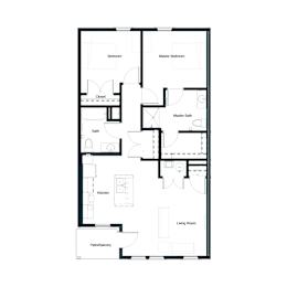 A floor plan of a house with a living room, kitchen, two bathrooms, two bedrooms, and a patio/balcony.