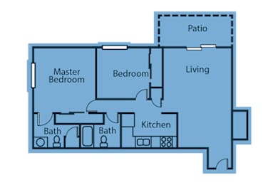 A blueprint of a house layout with a master bedroom, two bathrooms, a living room, a kitchen, and a patio.