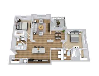A 3D floor plan of a house with a kitchen, living room, dining room, and bedrooms.