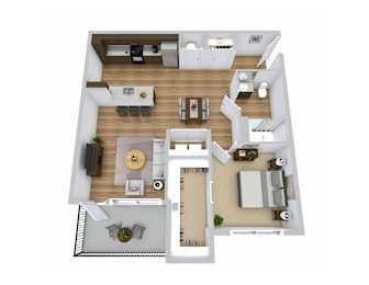 A top-down view of a house layout with a kitchen, living room, and bedrooms.