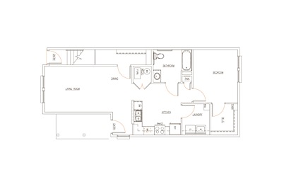 A floor plan of a house with a living room, kitchen, and bathroom.