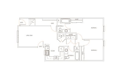 A floor plan of a house with two bedrooms and a living room.