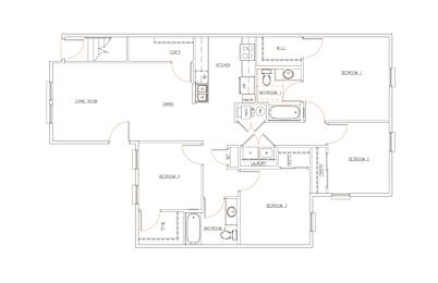 A floor plan of a house with labeled rooms and appliances.