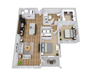 A top-down view of a house layout with a living room, kitchen, dining area, and bedrooms.