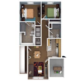 A floor plan of a small apartment with a kitchen, living room, and bathroom.