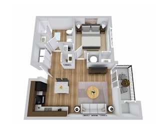A 3D floor plan image of a 1 bedroom apartment with a balcony