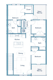 A floor plan of an apartment with a living room, dining room, kitchen, and bedrooms.