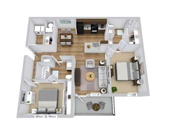 A top-down view of a two-story house with a living room, kitchen, and bedrooms.
