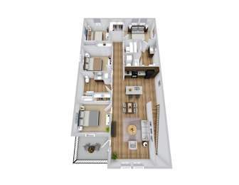 A top down view of a house with a kitchen, living room, dining room, and two bedrooms.