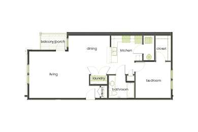 A floor plan of a house with a living room, dining room, kitchen, laundry, bathroom, and bedroom.