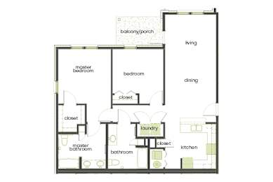 A floor plan of a house with a living room, dining room, kitchen, and multiple bathrooms.