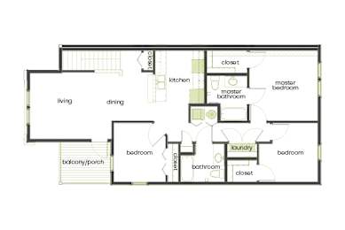 A floor plan of a house with a living room, dining room, kitchen, and several bedrooms.