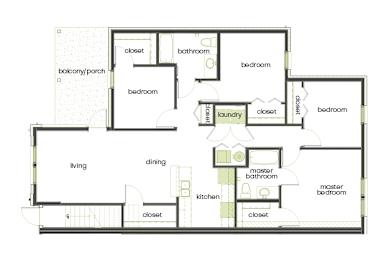 A floor plan of a house with a living room, dining room, kitchen, and several bedrooms.
