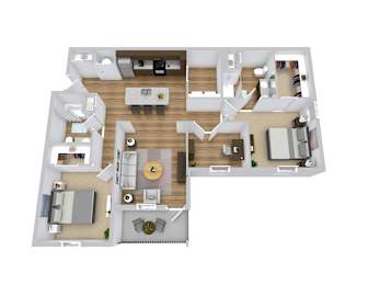 A floor plan of a house with a living room, dining room, kitchen, and two bedrooms.