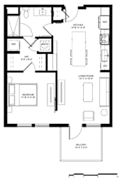 A floor plan of a house with a living room, dining room, kitchen, and two bedrooms.