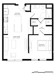A black and white floor plan of a house with a kitchen, living room, and bedrooms.
