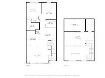 A floor plan for a home with two bedrooms, a living room, a dining area, a kitchen, a bathroom, a storage area, and an open space below.
