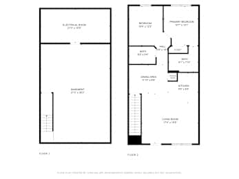 A floor plan for a home with two bedrooms, two bathrooms, and a living area.