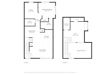 A floor plan for a home with two bedrooms, a living room, a dining area, a kitchen, a bathroom, and an electrical room.
